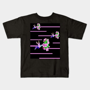 Hummingbirds and pink flowers on black Kids T-Shirt